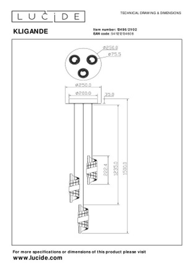 Lucide KLIGANDE - Závesné svietidlo - Ø 25 cm - LED Rozm. - 3x8W 2700K - Matt Gold / Mosadz